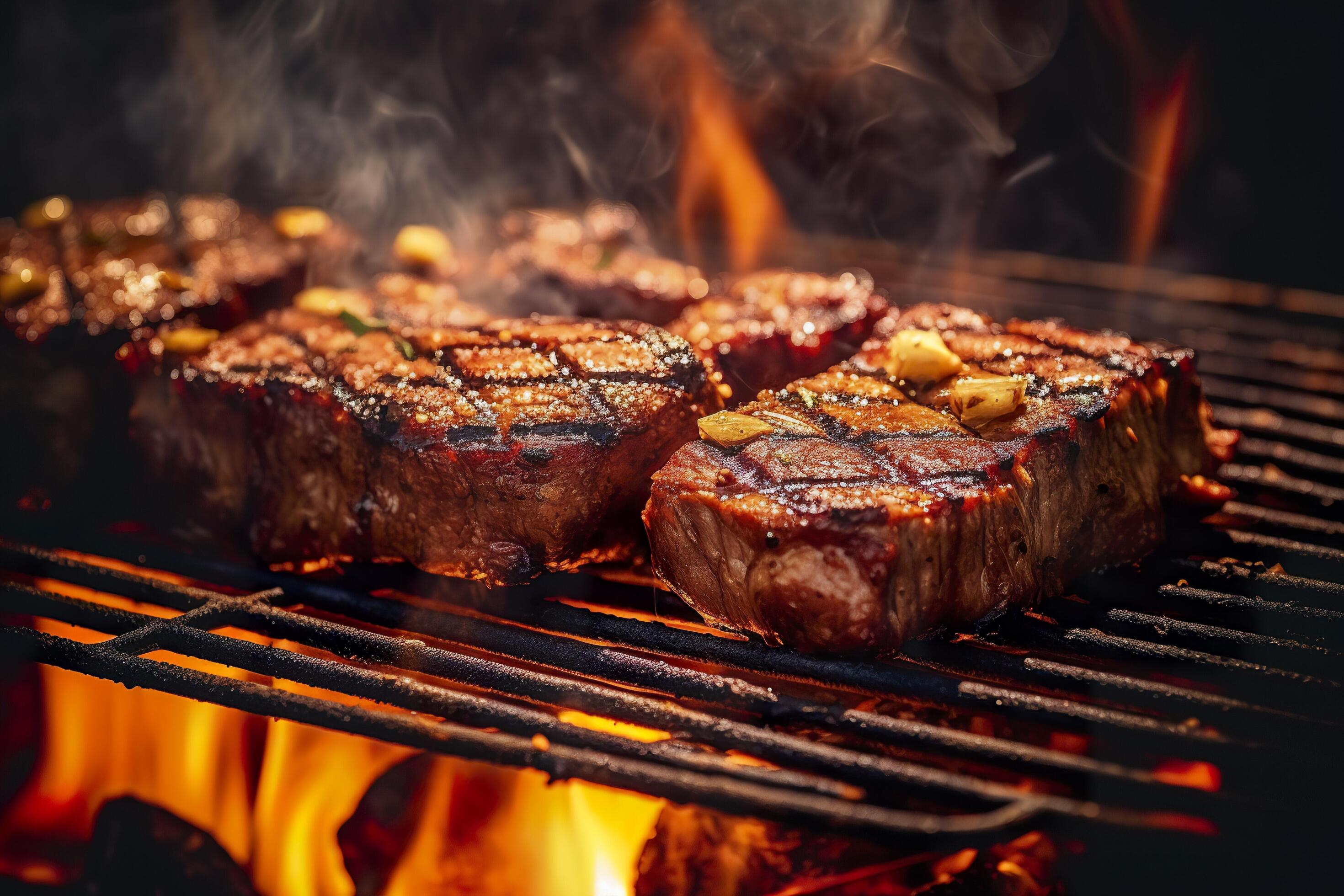 AI generated Meat grilling on a charcoal grill with smoke rising. AI