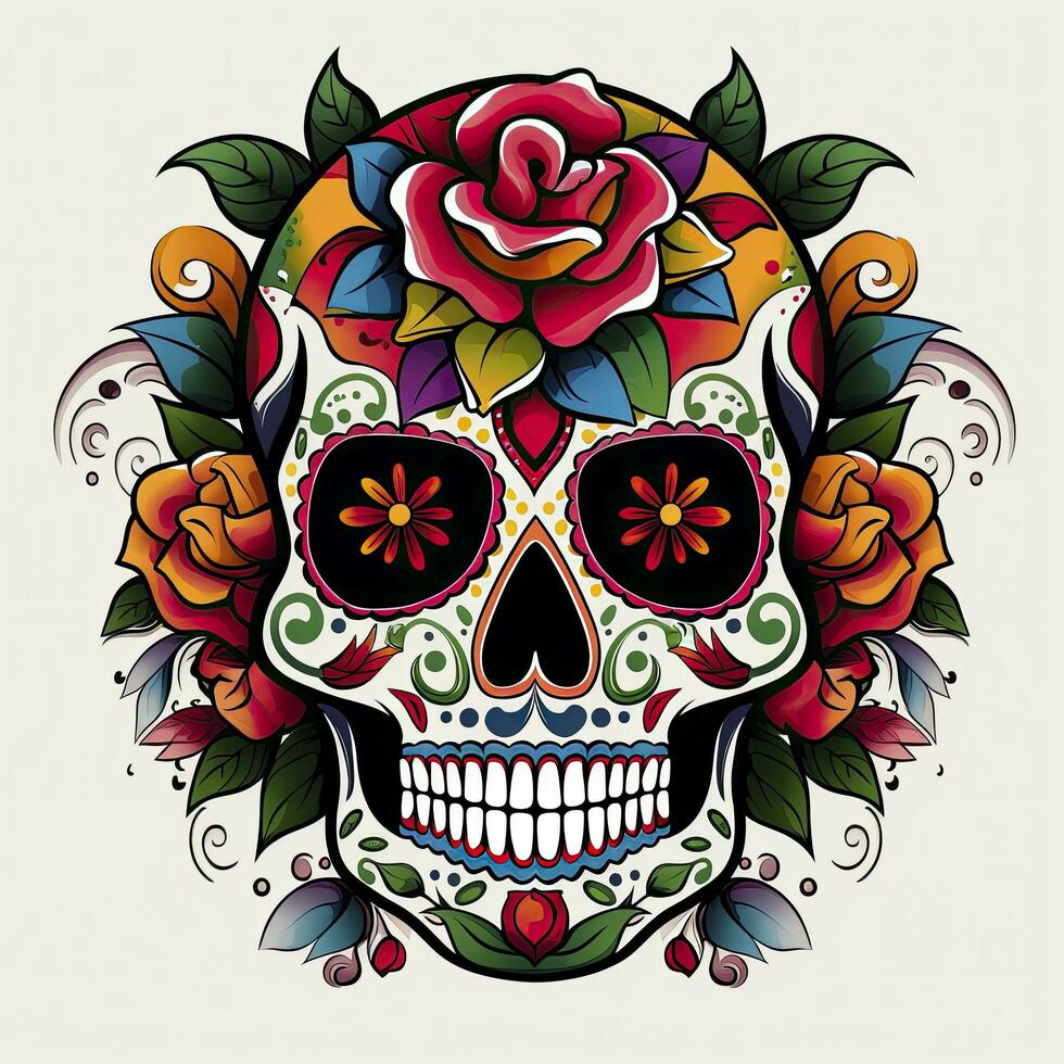 AI generated Mexican roses skull. Mexican roses skull. Dia de los muertos shugar colorful head. AI Generated photo