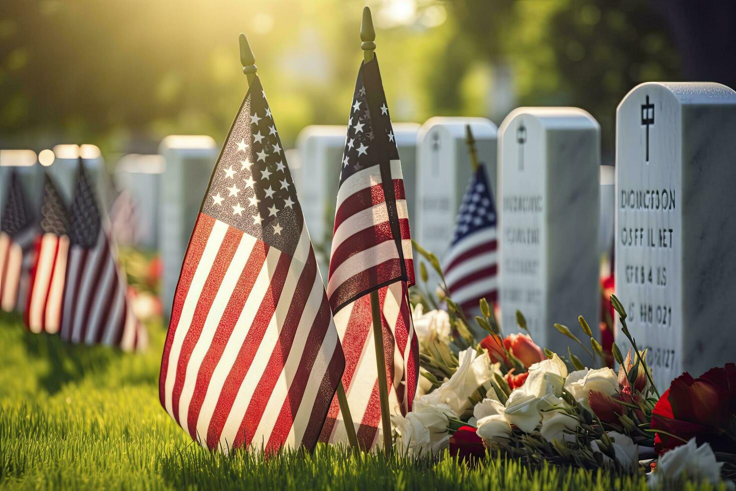 AI generated Military Headstones and Gravestones Decorated With Flags for Memorial Day.  AI Generated photo