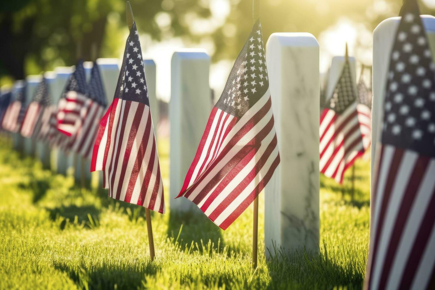 AI generated Military Headstones and Gravestones Decorated With Flags for Memorial Day.  AI Generated photo