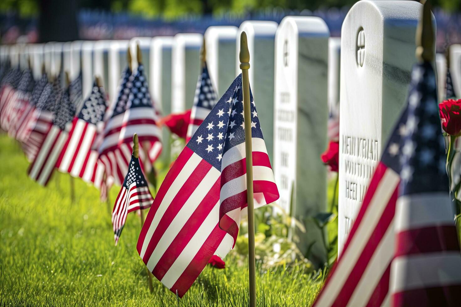 AI generated Military Headstones and Gravestones Decorated With Flags for Memorial Day.  AI Generated photo