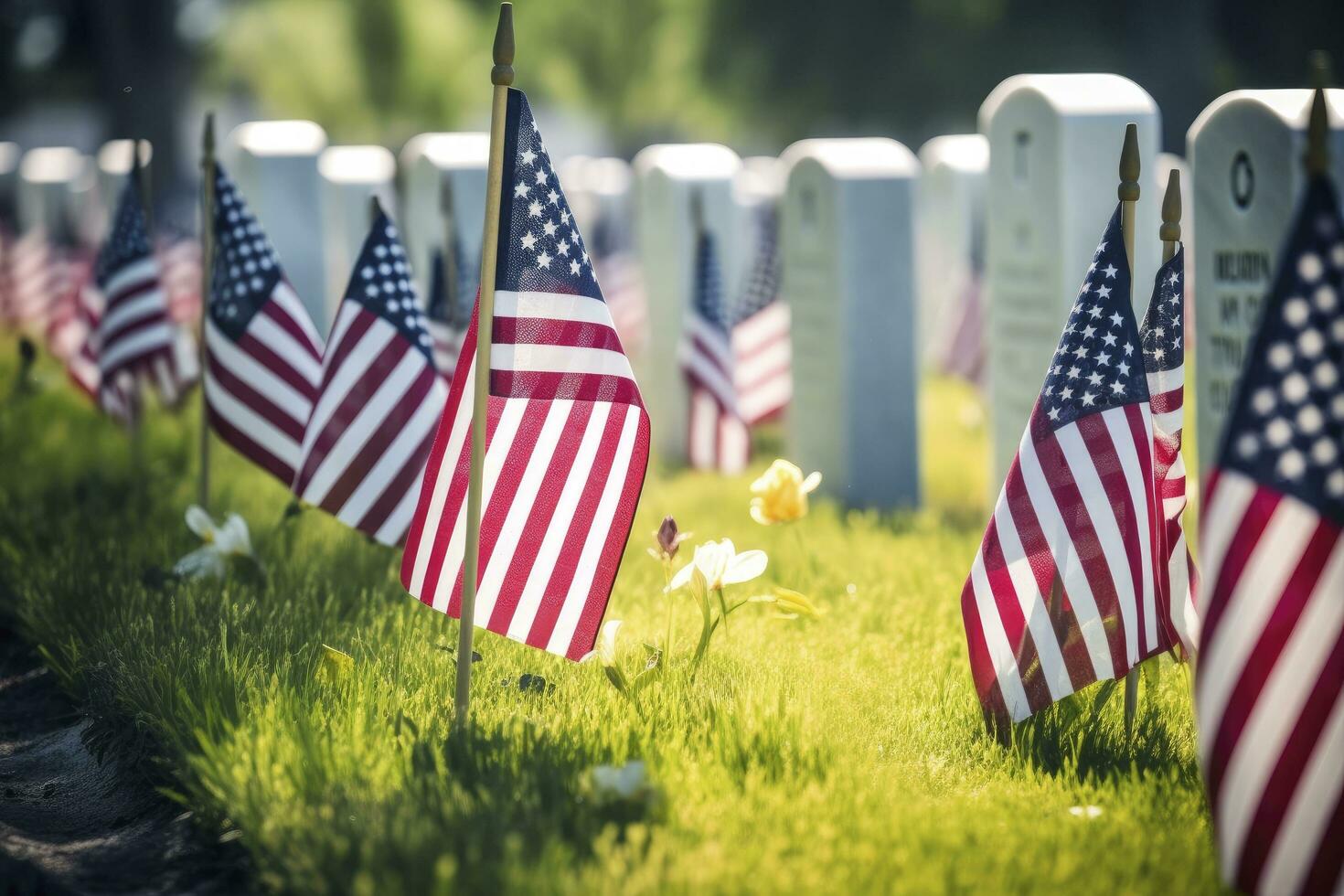 AI generated Military Headstones and Gravestones Decorated With Flags for Memorial Day.  AI Generated photo