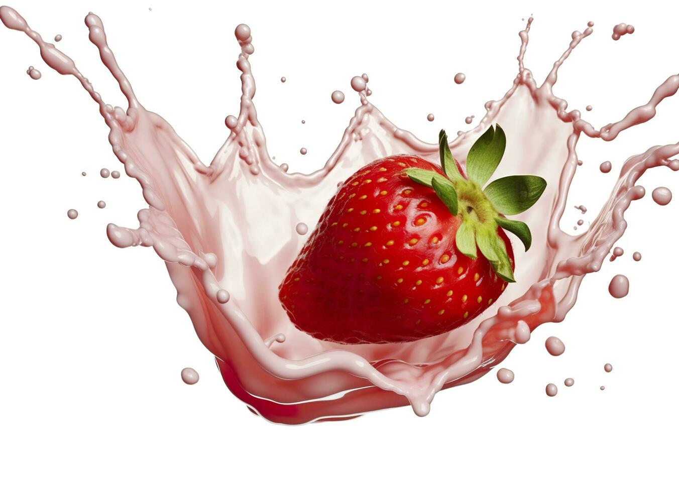 AI generated milk or yogurt splash with strawberries isolated on white background, 3d rendering. AI Generated photo