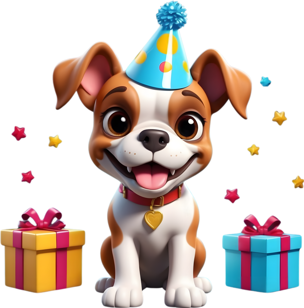 ai généré une dessin animé chien portant une anniversaire chapeau et boite cadeau png