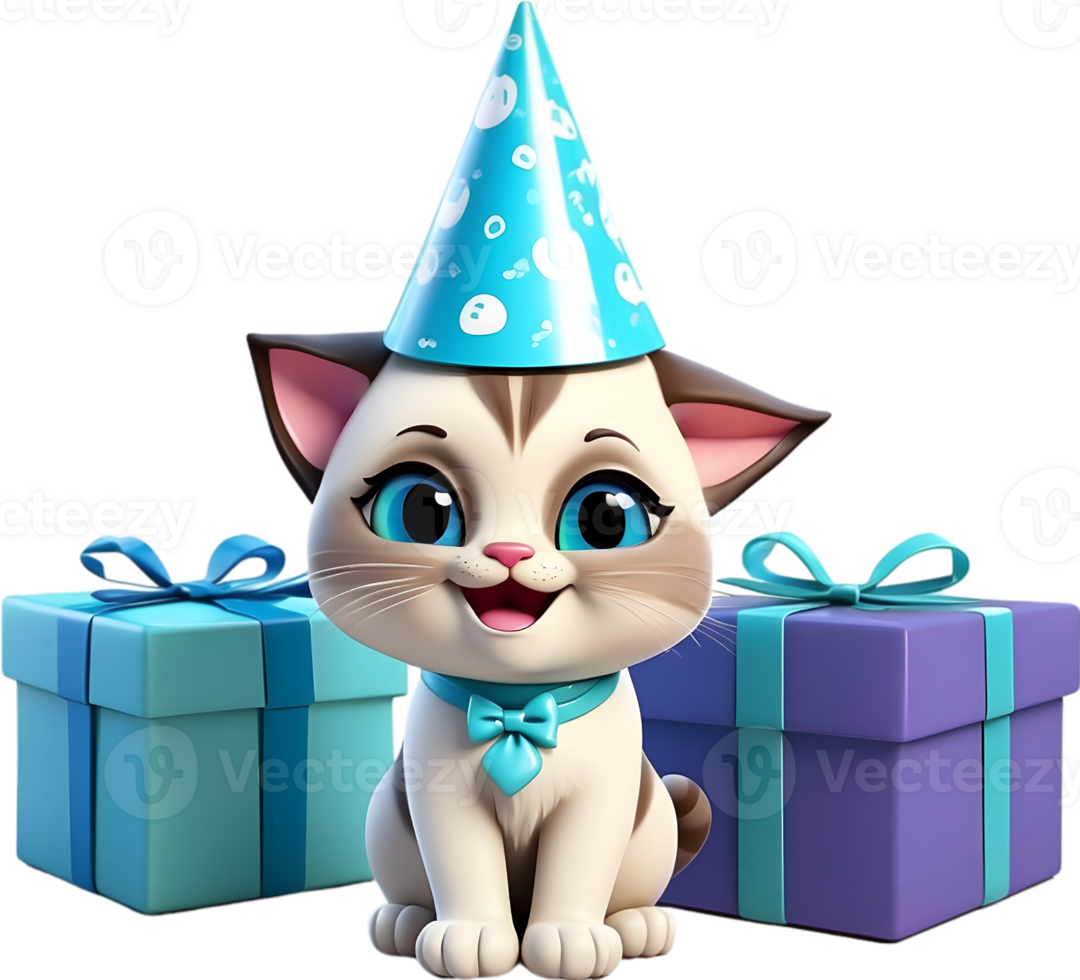 AI generated CAt with party hat and giftbox , happy birth day png