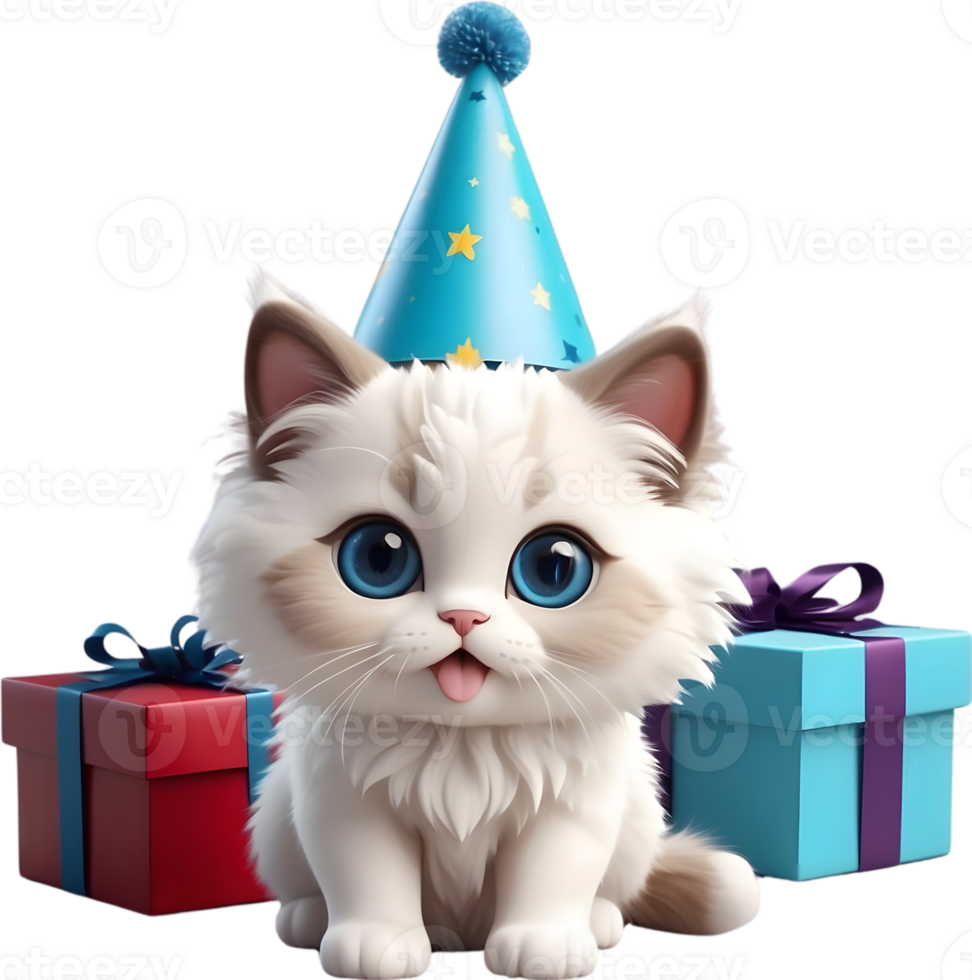 ai généré chat avec fête chapeau et boite cadeau , content naissance journée png