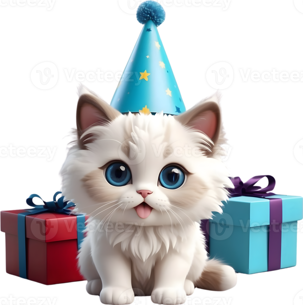 ai generado gato con fiesta sombrero y caja de regalo , contento nacimiento día png