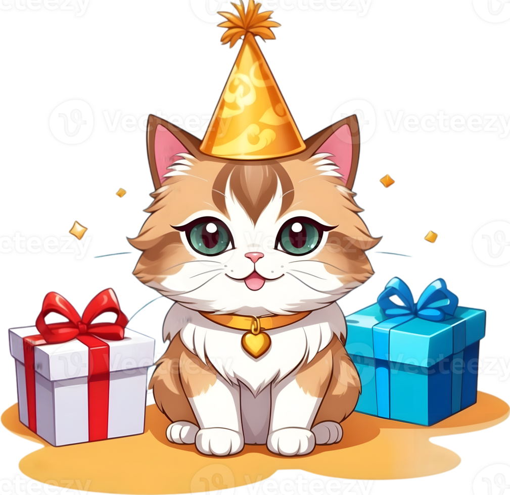 AI generated CAt with party hat and giftbox , happy birth day png