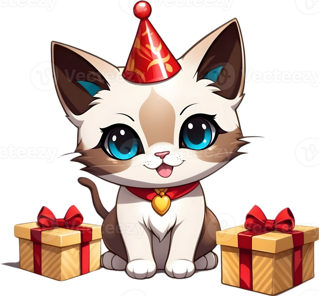 AI generated CAt with party hat and giftbox , happy birth day png