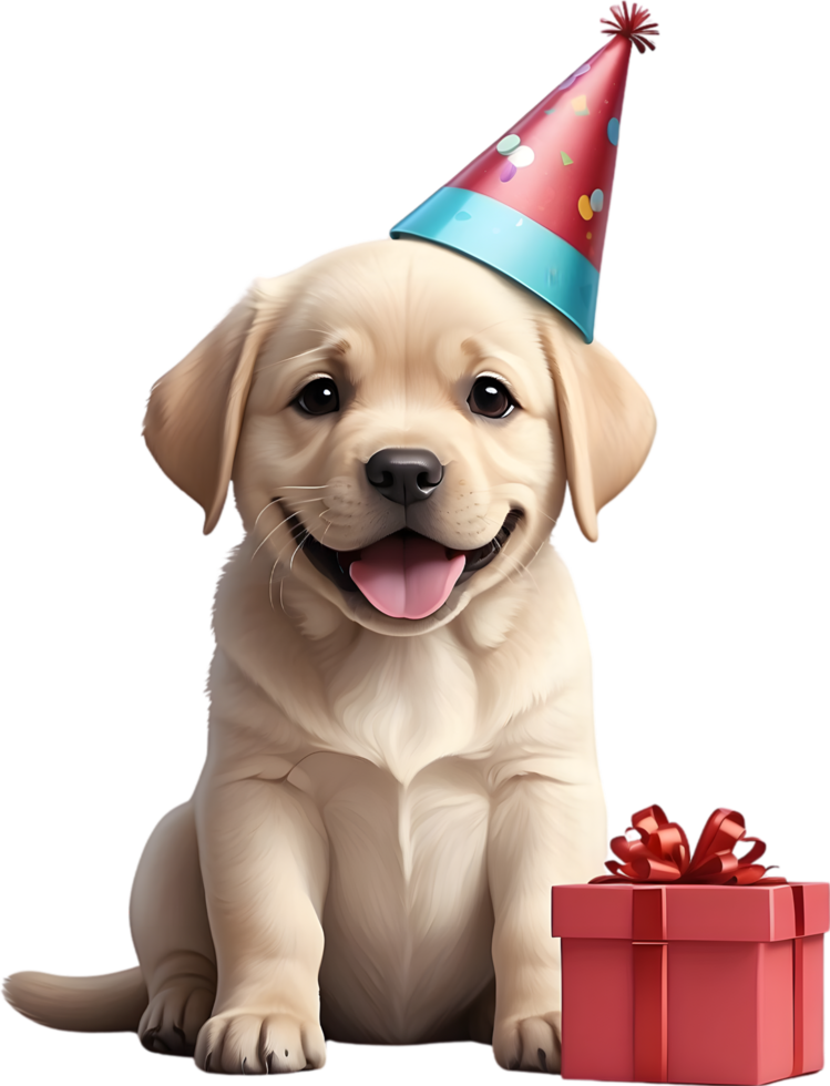 ai gegenereerd hond met verjaardag hoed en geschenk doos png