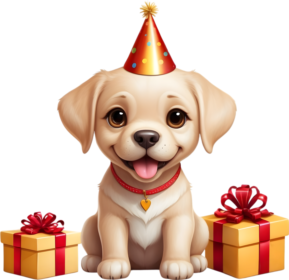 AI generated dog with birthday hat and gift box png