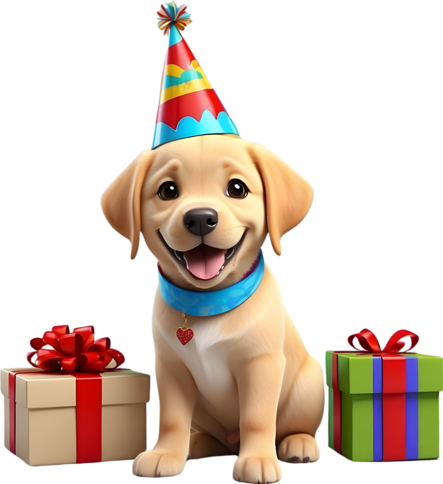 AI generated dog with birthday hat and gift box png