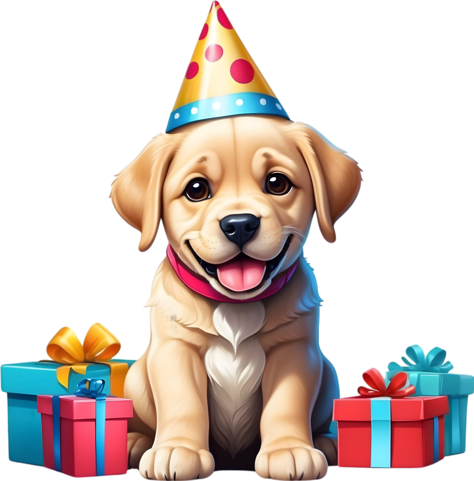 AI generated dog with birthday hat and gift box png