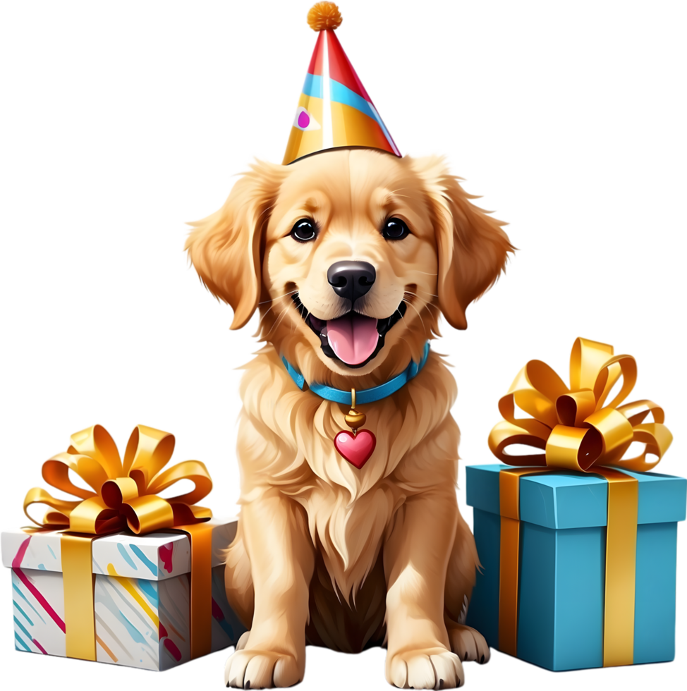 AI generated dog with birthday hat and gift box png