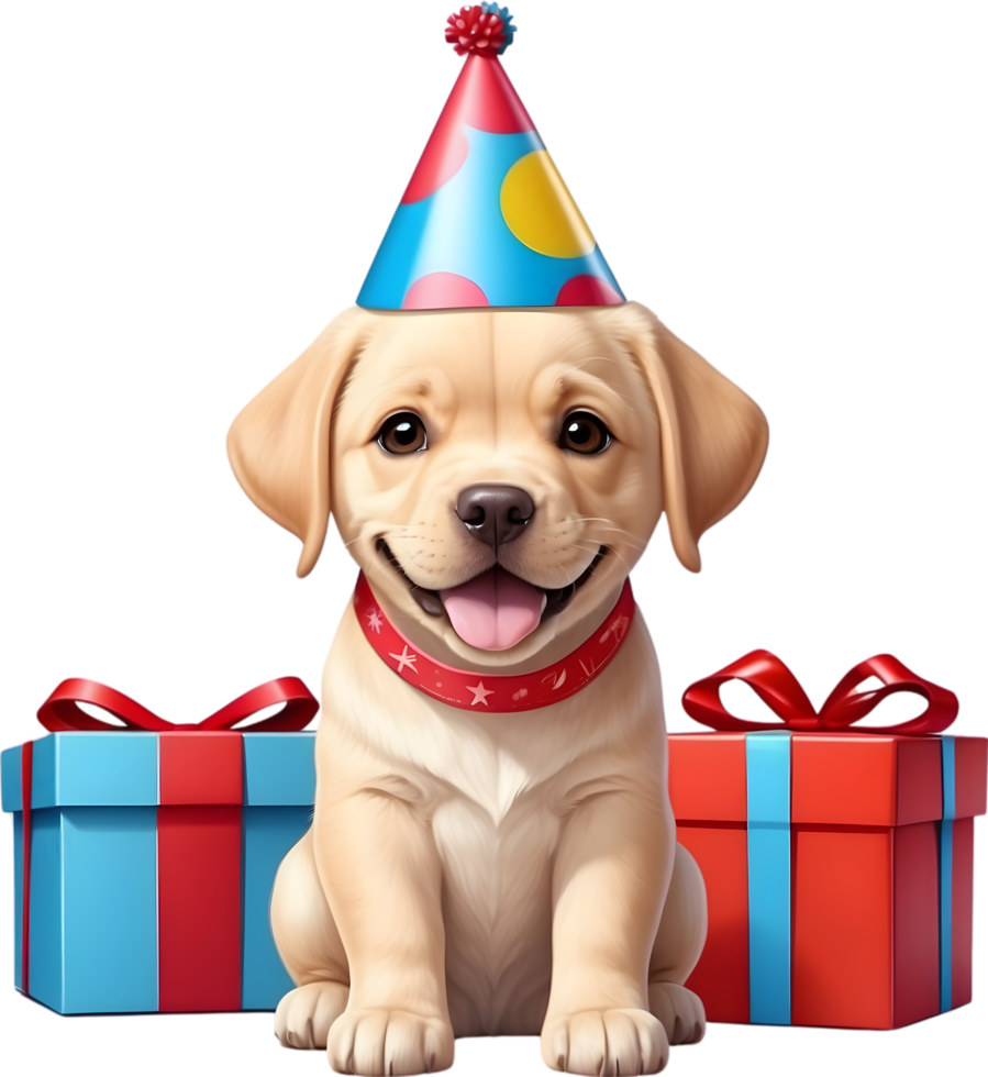AI generated dog with birthday hat and gift box png