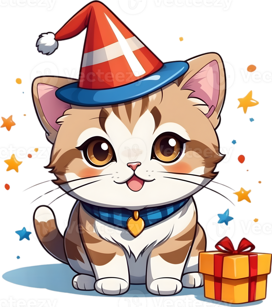AI generated CAt with party hat and giftbox , happy birth day png