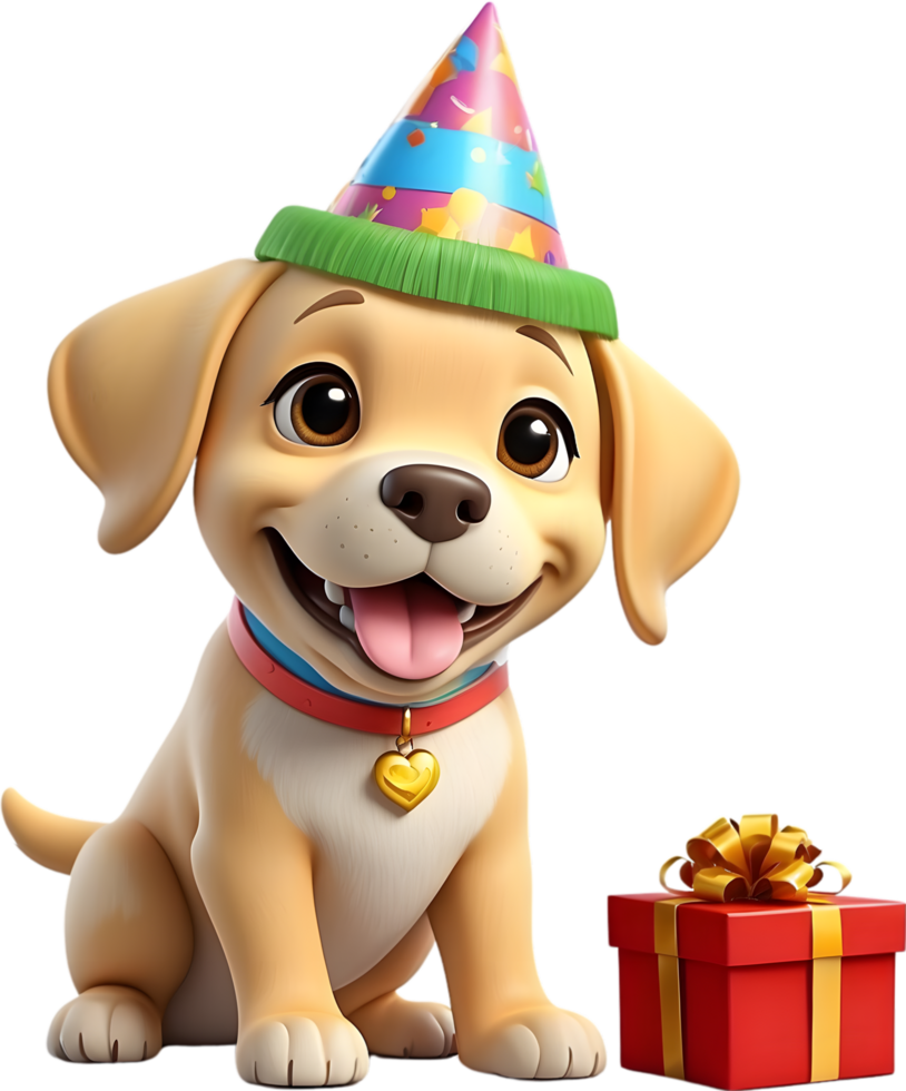 AI generated dog with birthday hat and gift box png