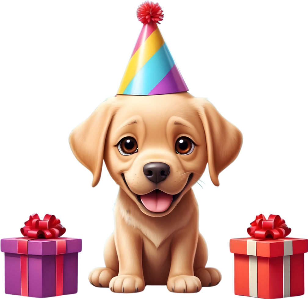 AI generated dog with birthday hat and gift box png