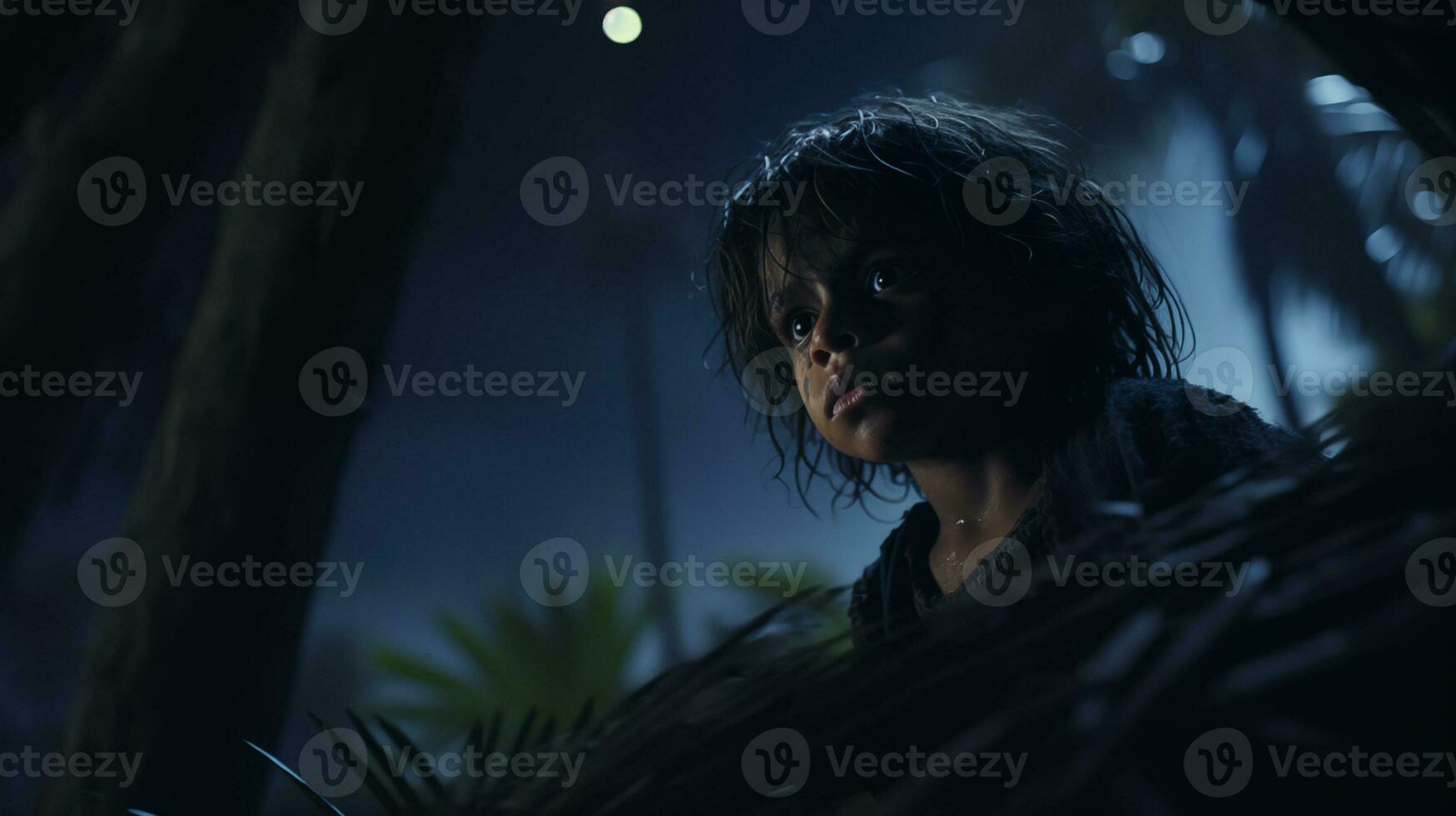 AI generated Child Seeking Shelter in Tropical Rainstorm AI generated photo