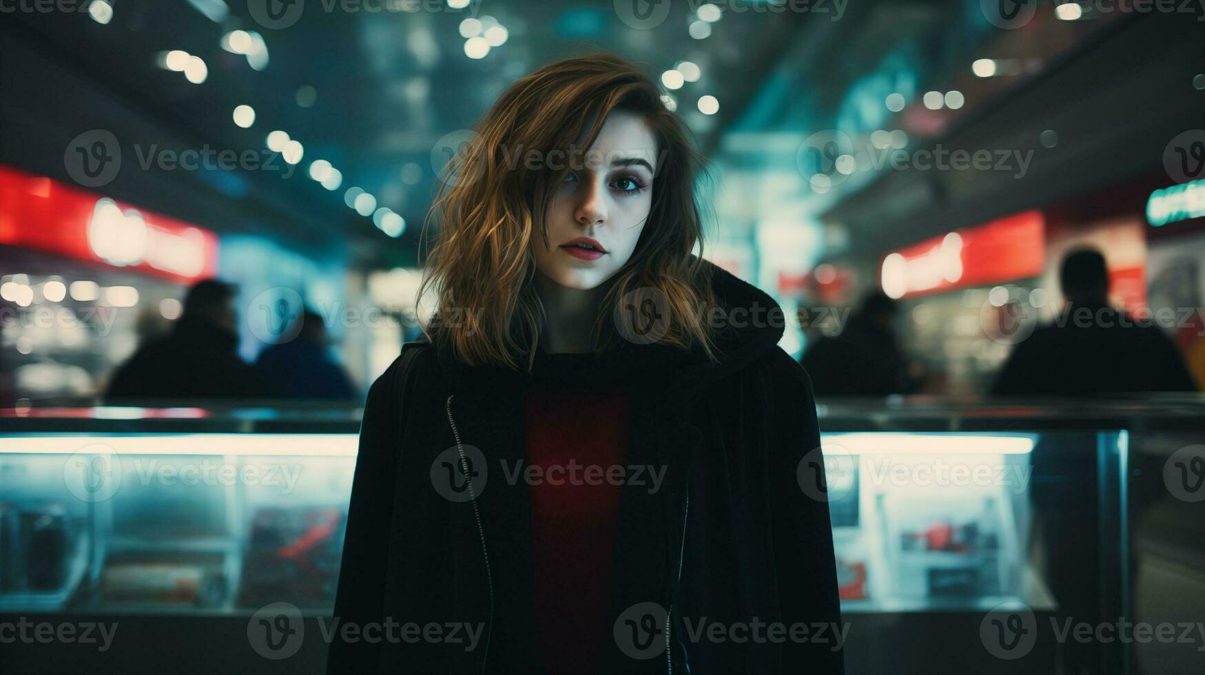 AI generated Pensive Young Woman in Urban Shopping Mall AI generated photo