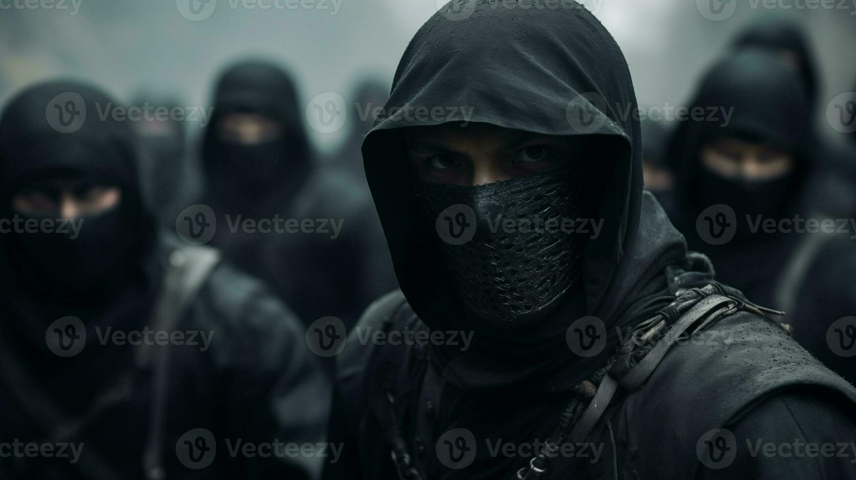 ai generado grupo de ninjas en oscuro atmósfera ai generado foto