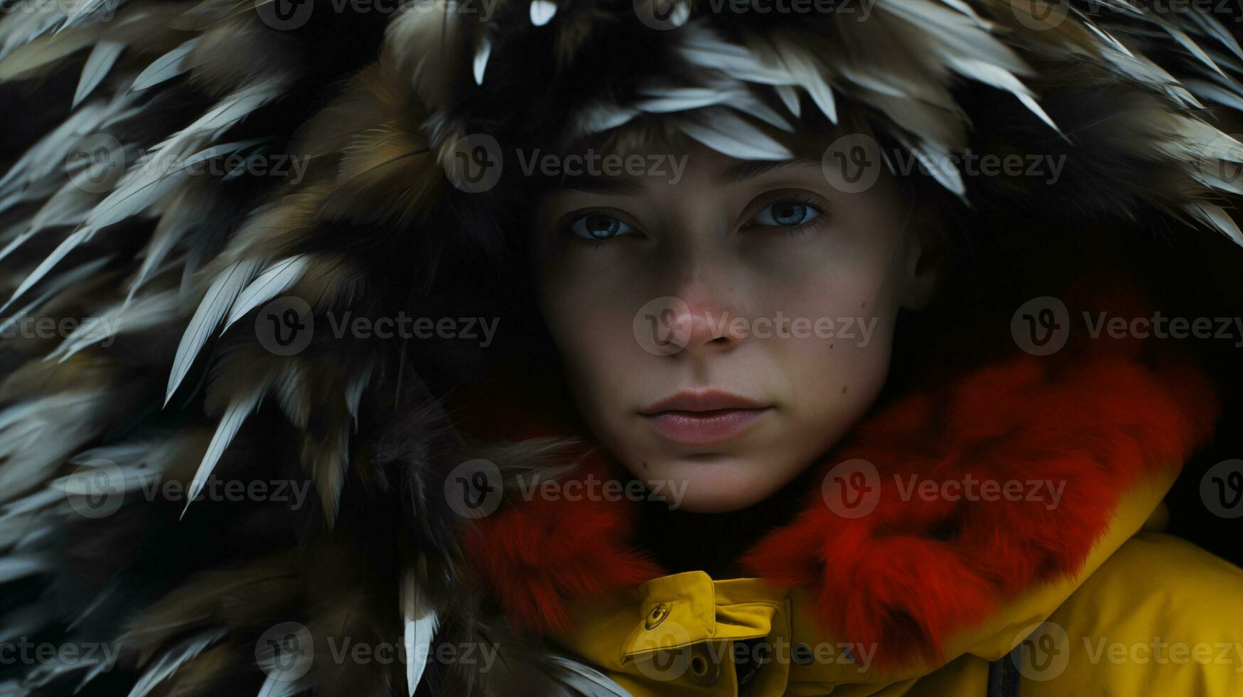 AI generated Young Woman with Feathered Hood in Winter AI generated photo