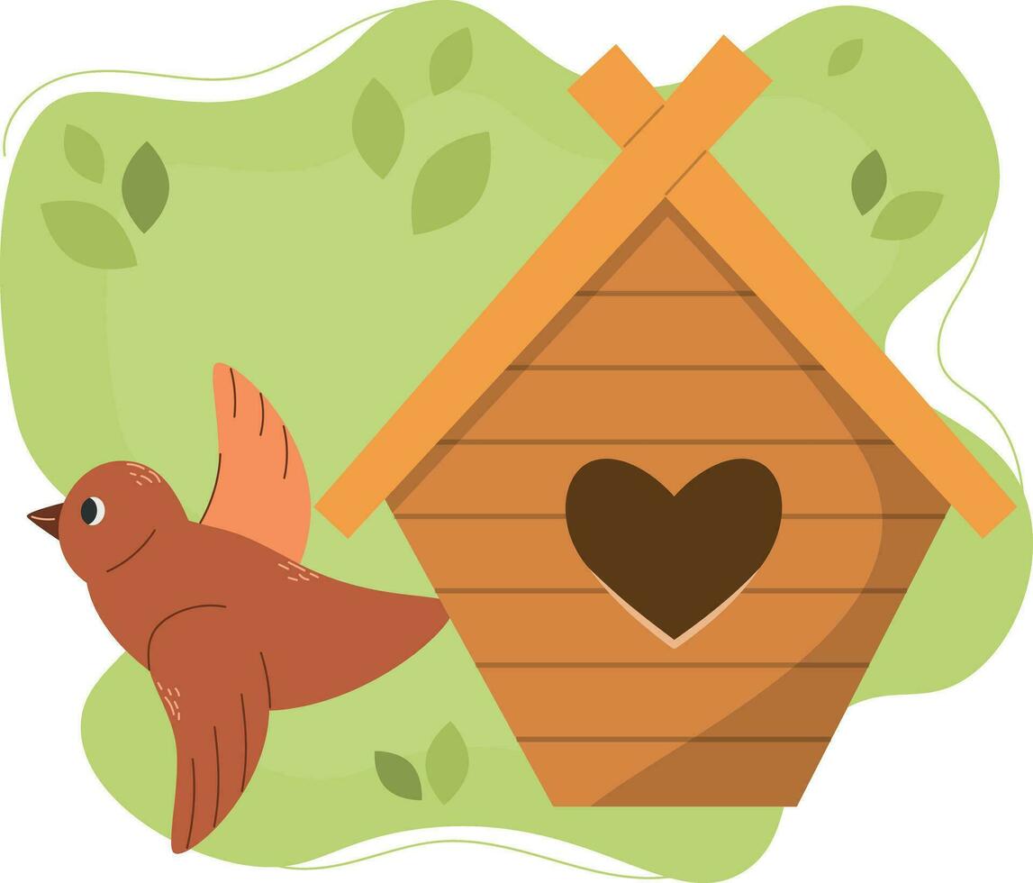 Vector bird house with bird, spring card