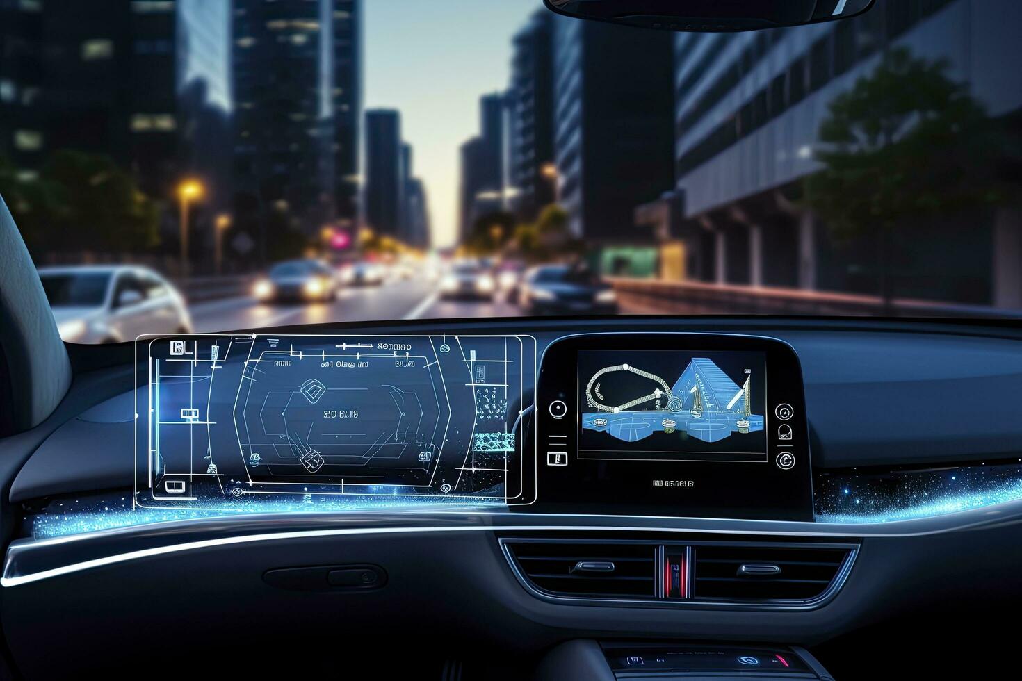 AI generated Modern smart car technology intelligent system using Heads up display HUD Autonomous self driving mode vehicle on city road with graphic sensor radar signal system intelligent car. photo