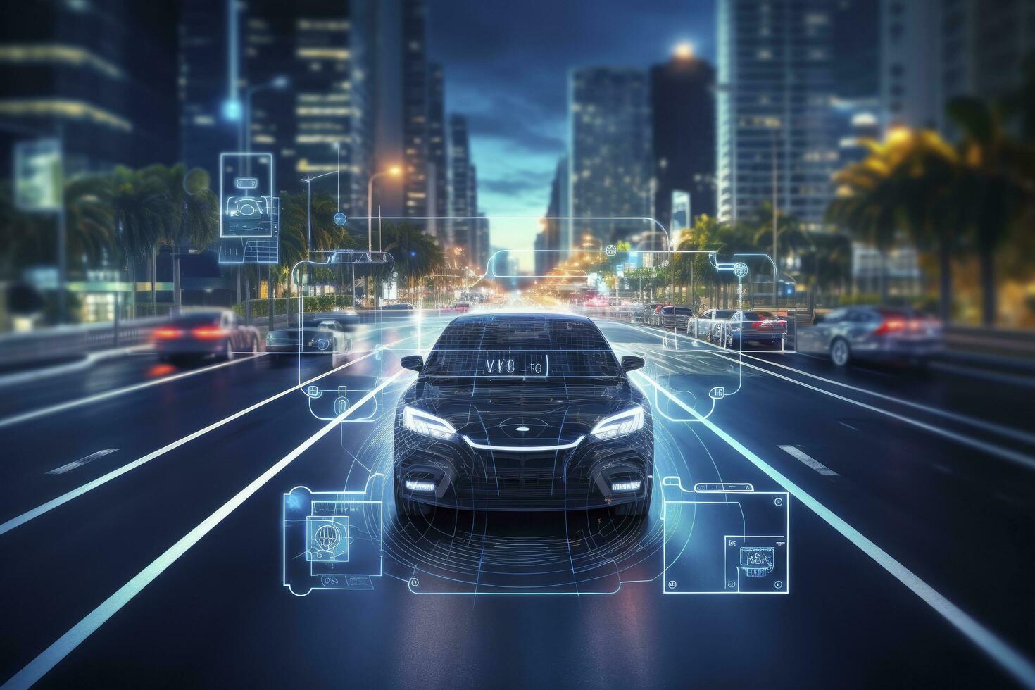 AI generated Modern smart car technology intelligent system using Heads up display HUD Autonomous self driving mode vehicle on city road with graphic sensor radar signal system intelligent car. photo