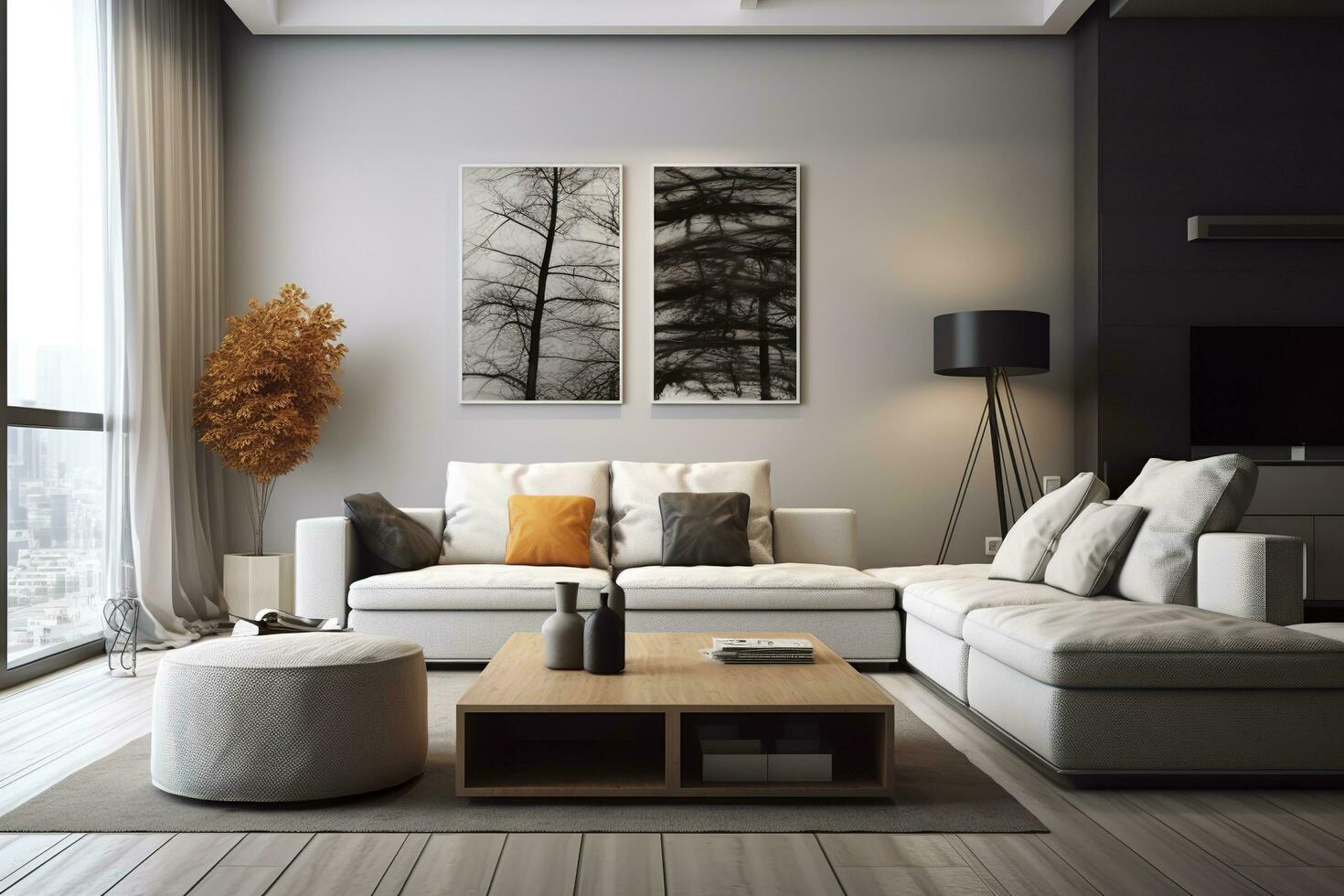 AI generated Modern living room with sofa and furniture. AI Generated photo