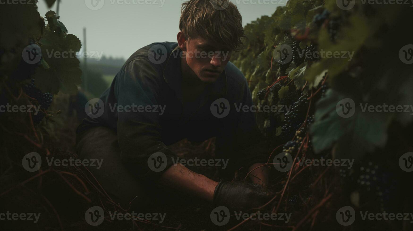 ai generado joven labriego cosecha uvas ai generado foto