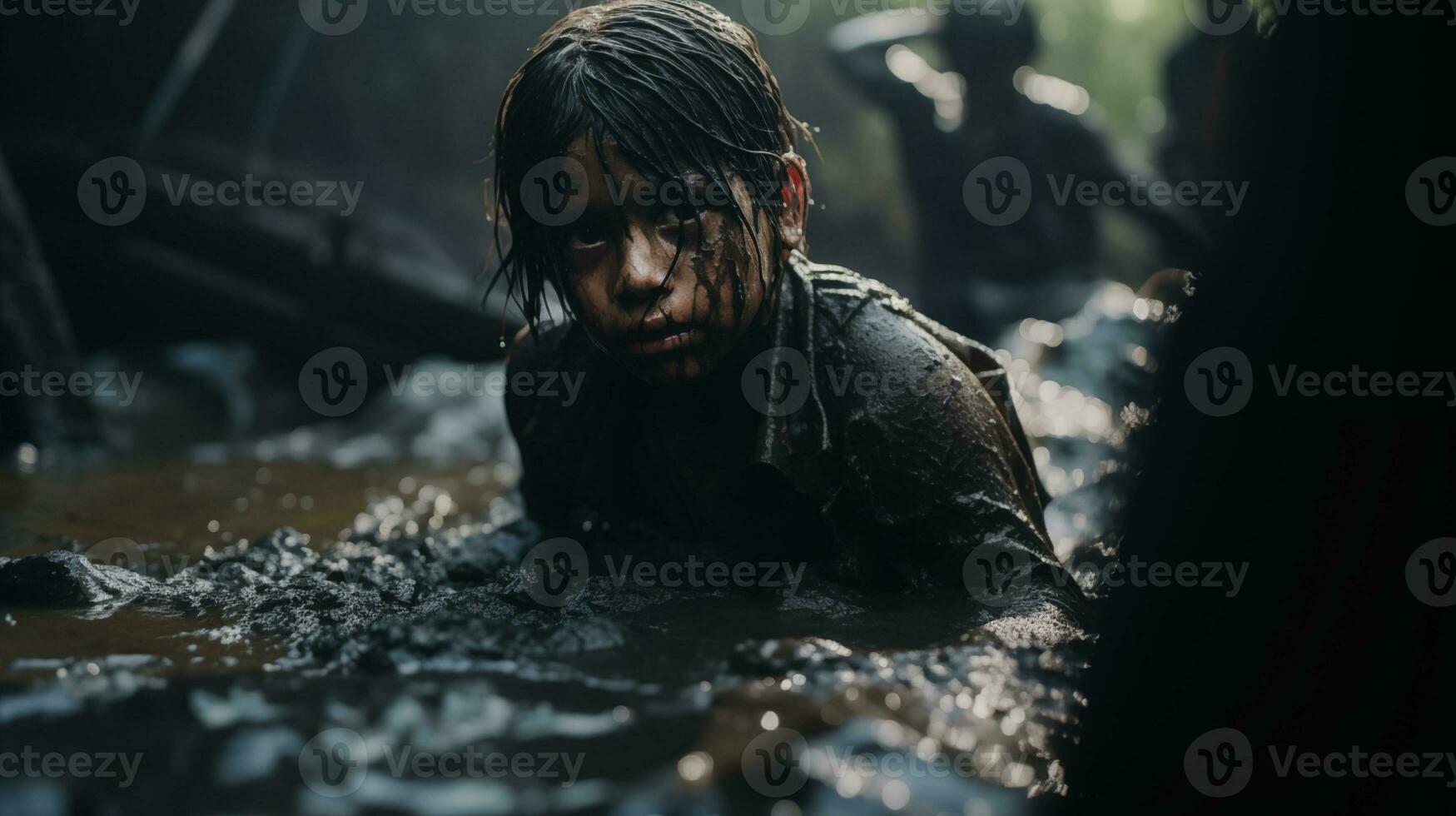 AI generated Child Crawling in Muddy Water AI generated photo