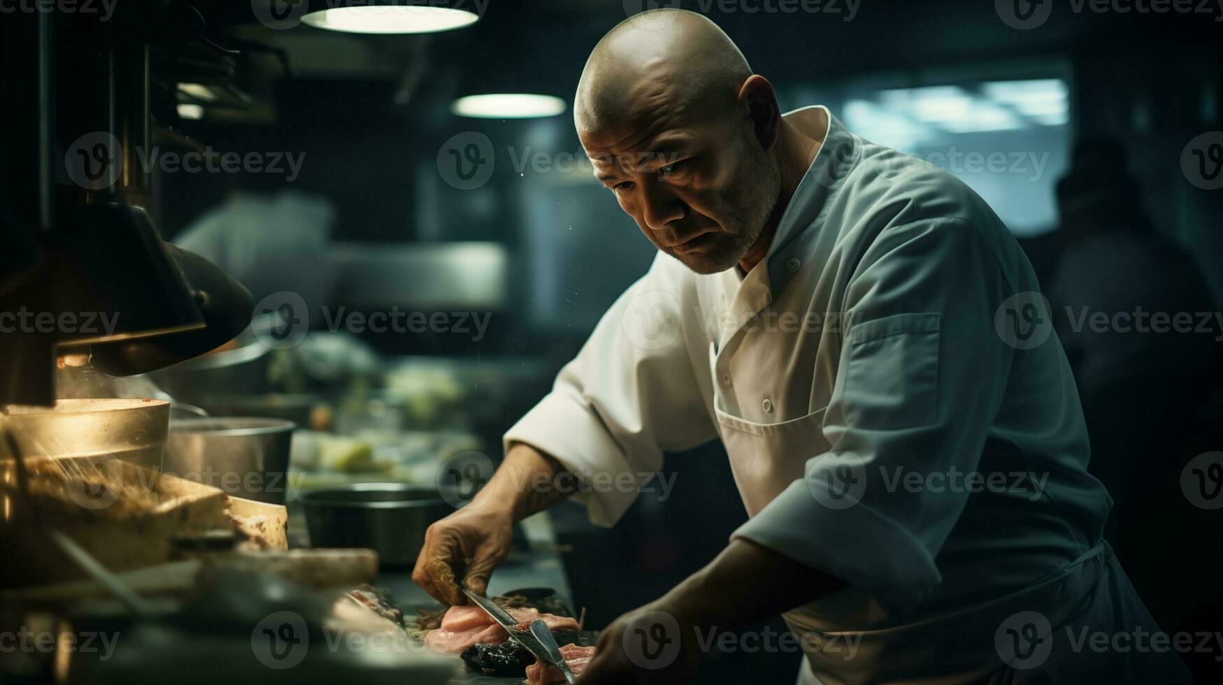 AI generated Chef Preparing Sushi in Restaurant Kitchen AI generated photo