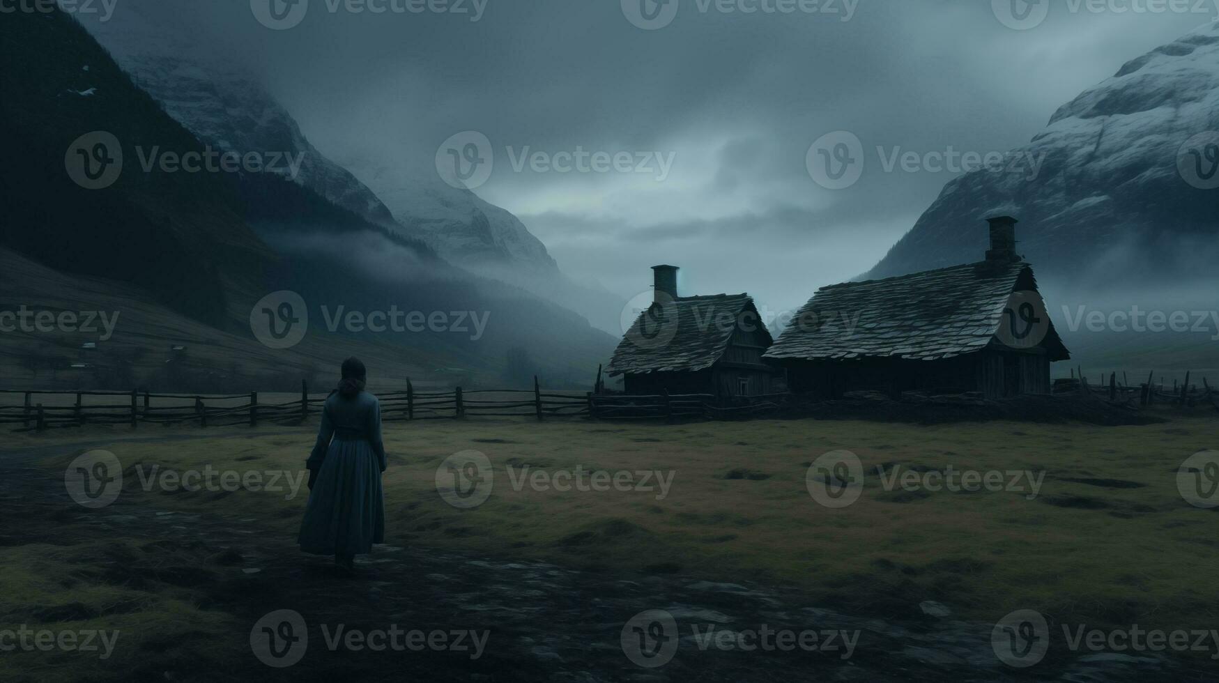 AI generated Woman in Medieval Village at Dusk AI generated photo