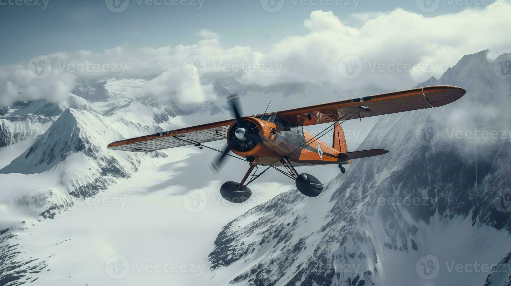 AI generated Vintage Biplane Flying Over Snowy Mountains AI generated photo