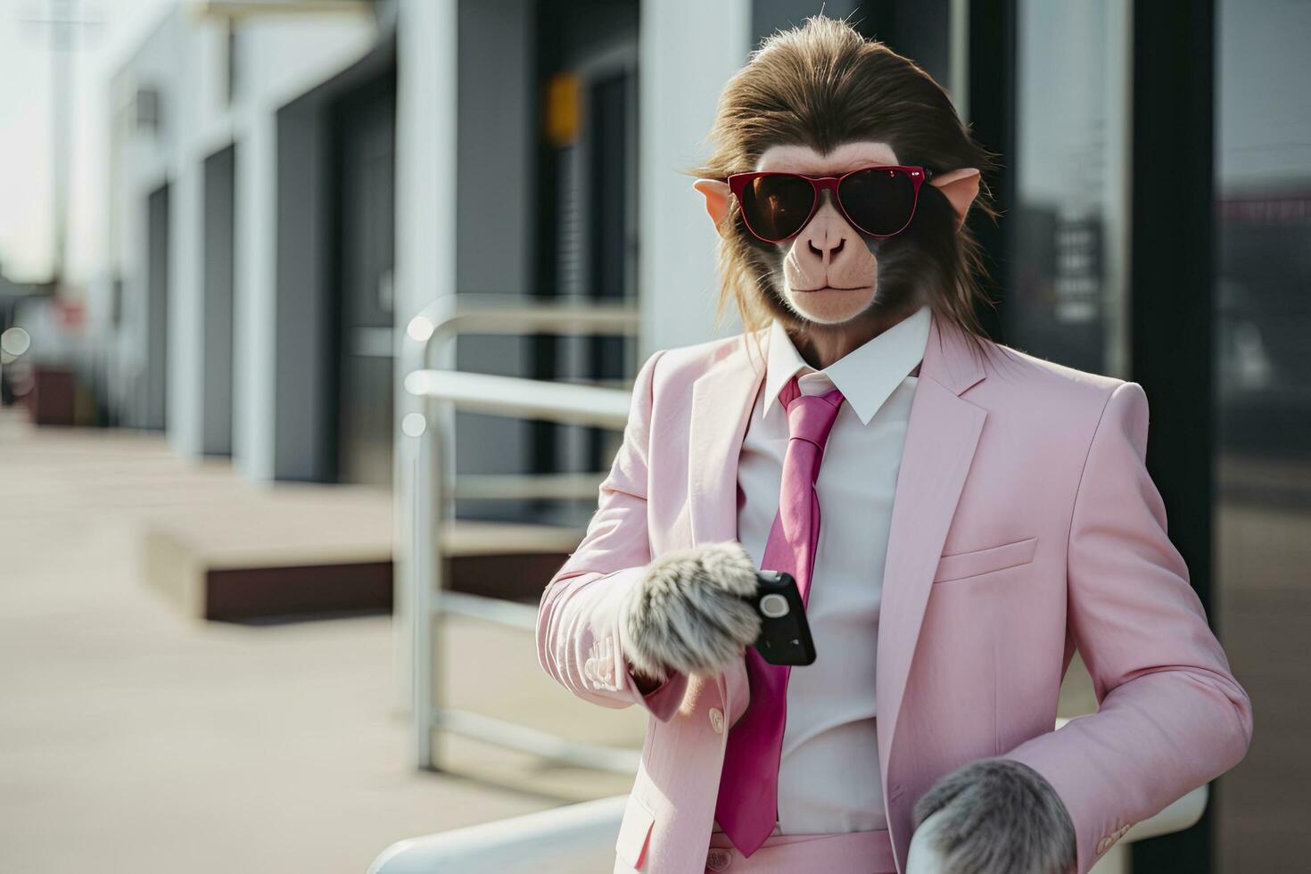 AI generated A Monkey is wearing sunglasses, suit and standing on street. AI Generated photo