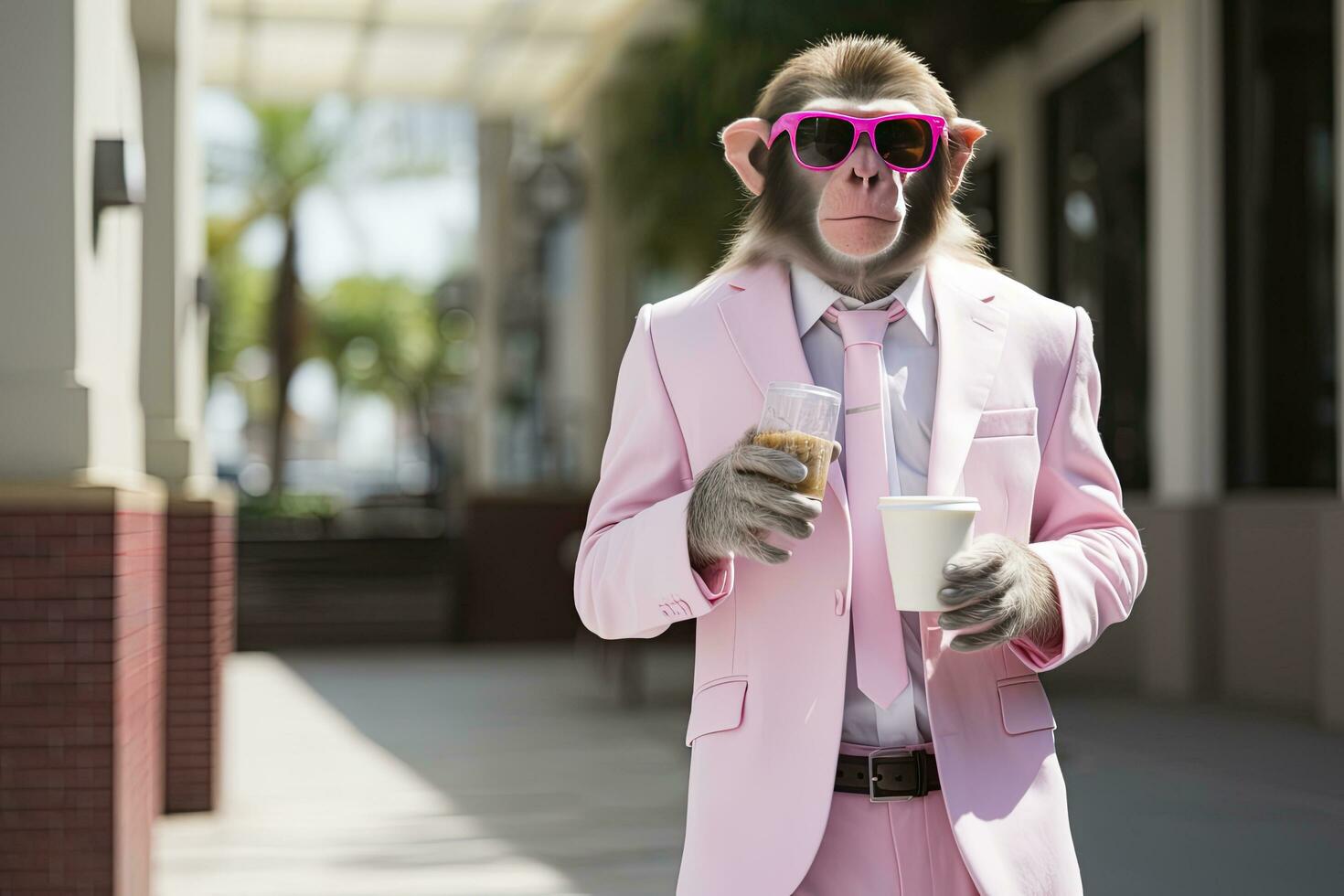 AI generated A Monkey is wearing sunglasses, suit and standing on street. AI Generated photo