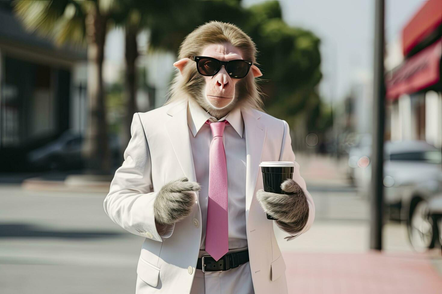 AI generated A Monkey is wearing sunglasses, suit and standing on street. AI Generated photo