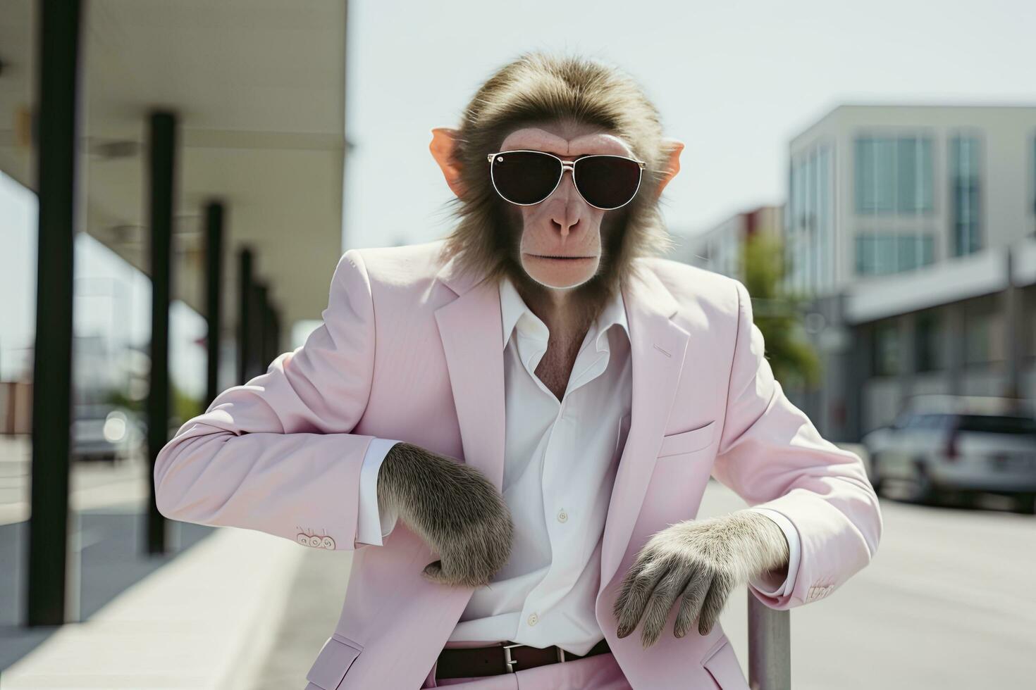 AI generated A Monkey is wearing sunglasses, suit and standing on street. AI Generated photo