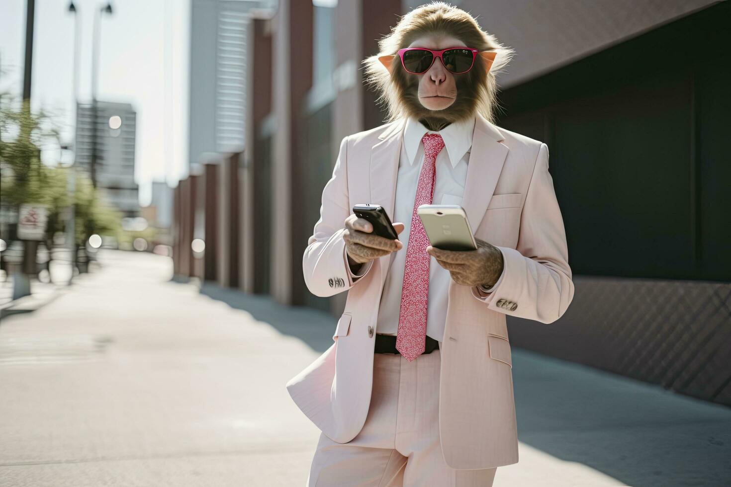 AI generated A Monkey is wearing sunglasses, suit and standing on street. AI Generated photo