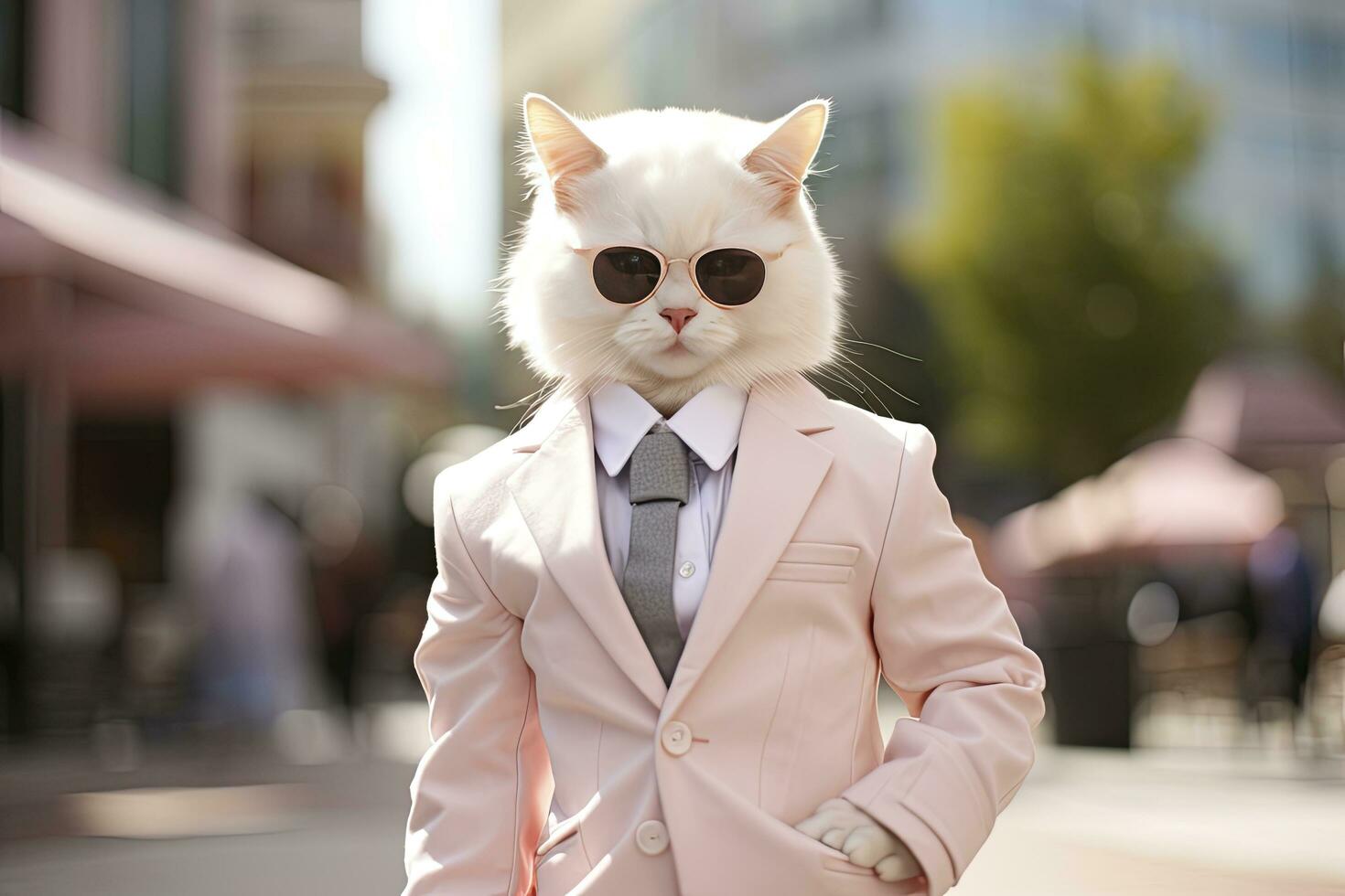 AI generated A cat is wearing sunglasses, suit and standing on street. AI Generated photo