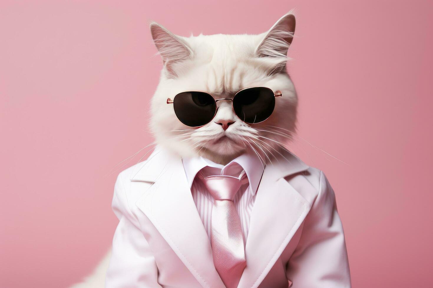 AI generated A cat is wearing sunglasses and suit on Pink Background. AI Generated photo