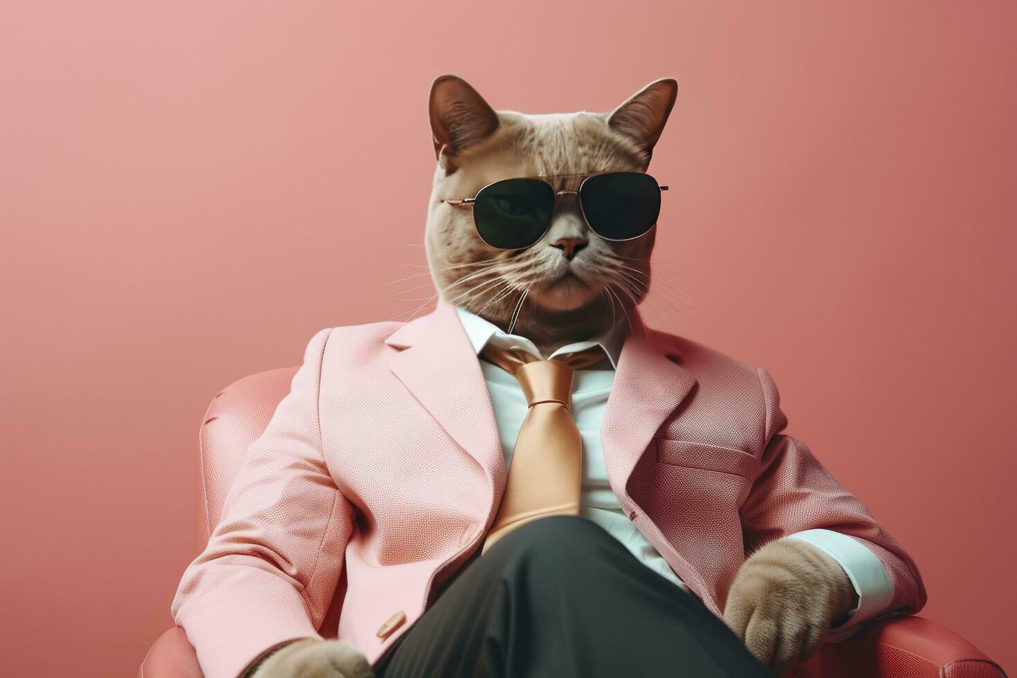 AI generated A cat is wearing sunglasses, suit and standing on street. AI Generated photo