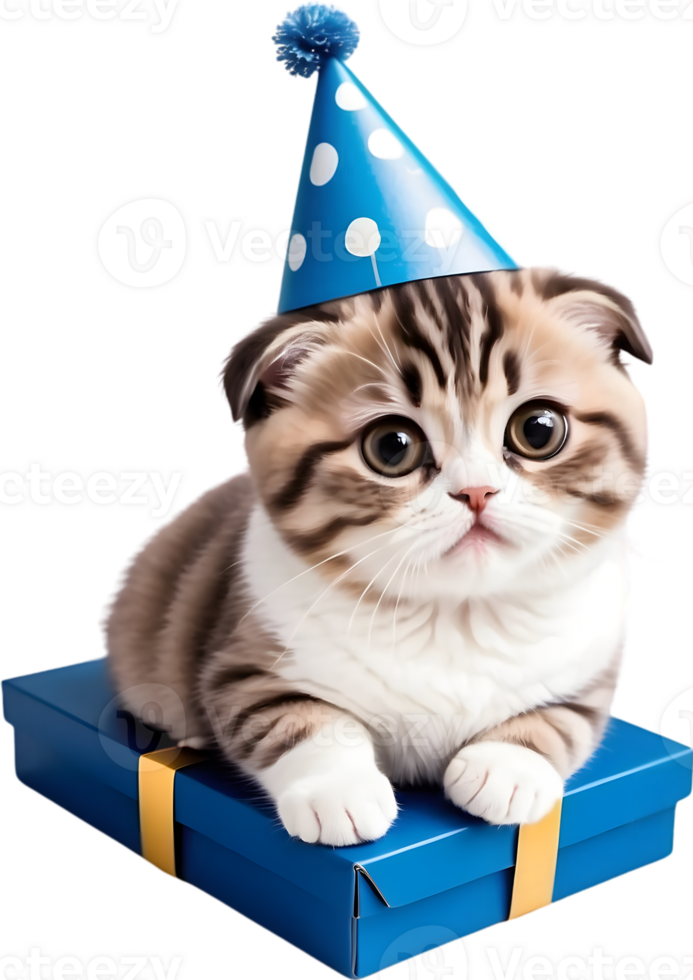 AI generated CAt with party hat and giftbox , happy birth day png
