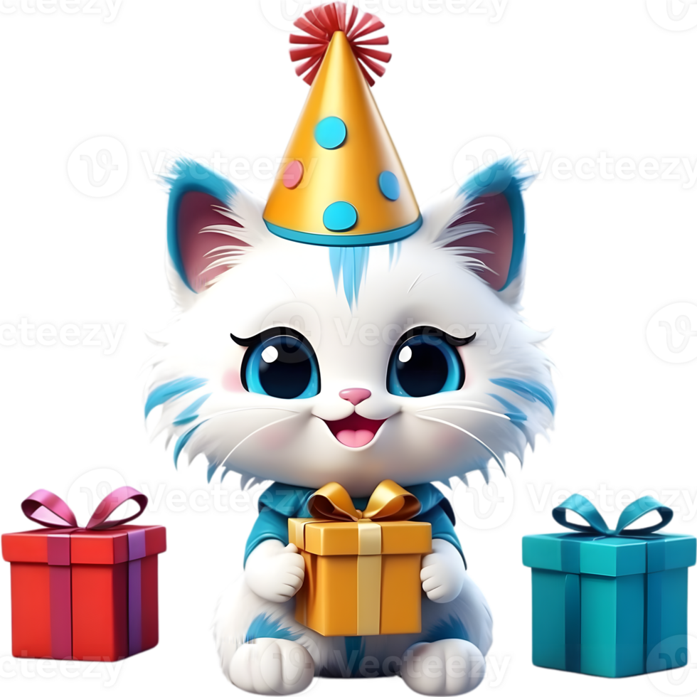 AI generated CAt with party hat and giftbox , happy birth day png