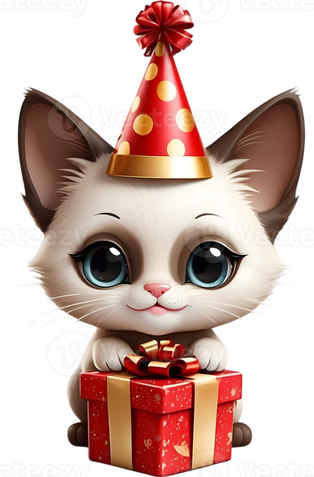 AI generated CAt with party hat and giftbox , happy birth day png