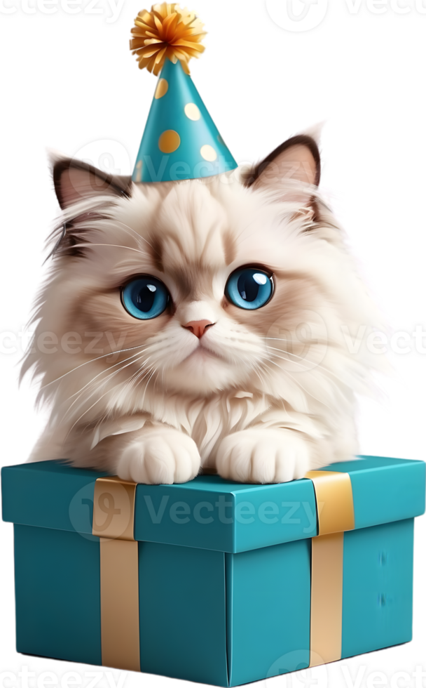 AI generated CAt with party hat and giftbox , happy birth day png