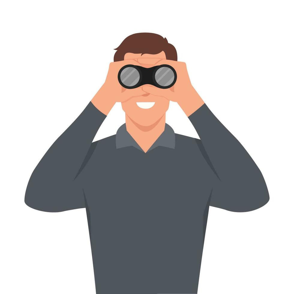 Young businessman character looking through binocular searching for opportunities new business ideas. vector