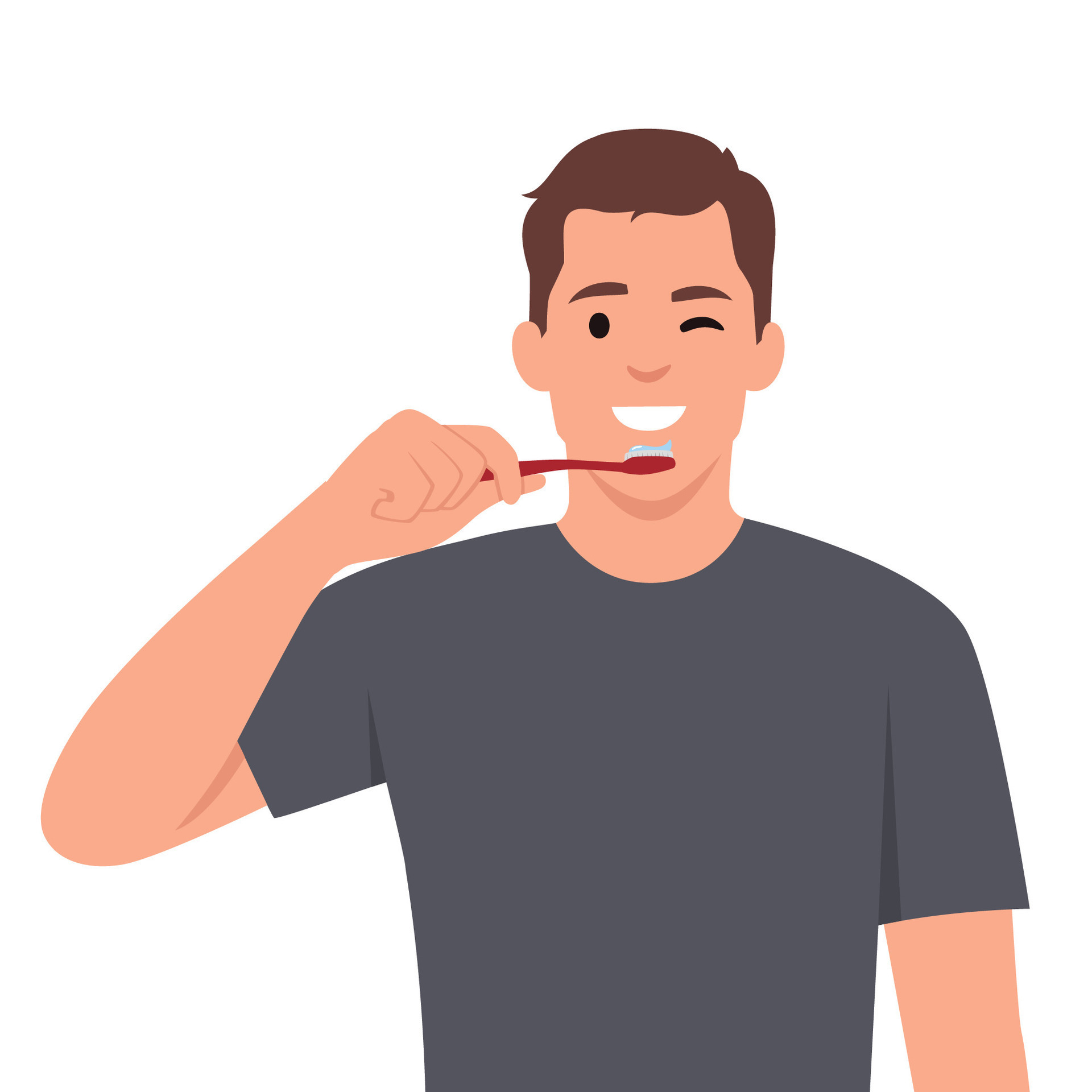 Smiling young man brushing teeth with toothbrush in morning. Happy guy