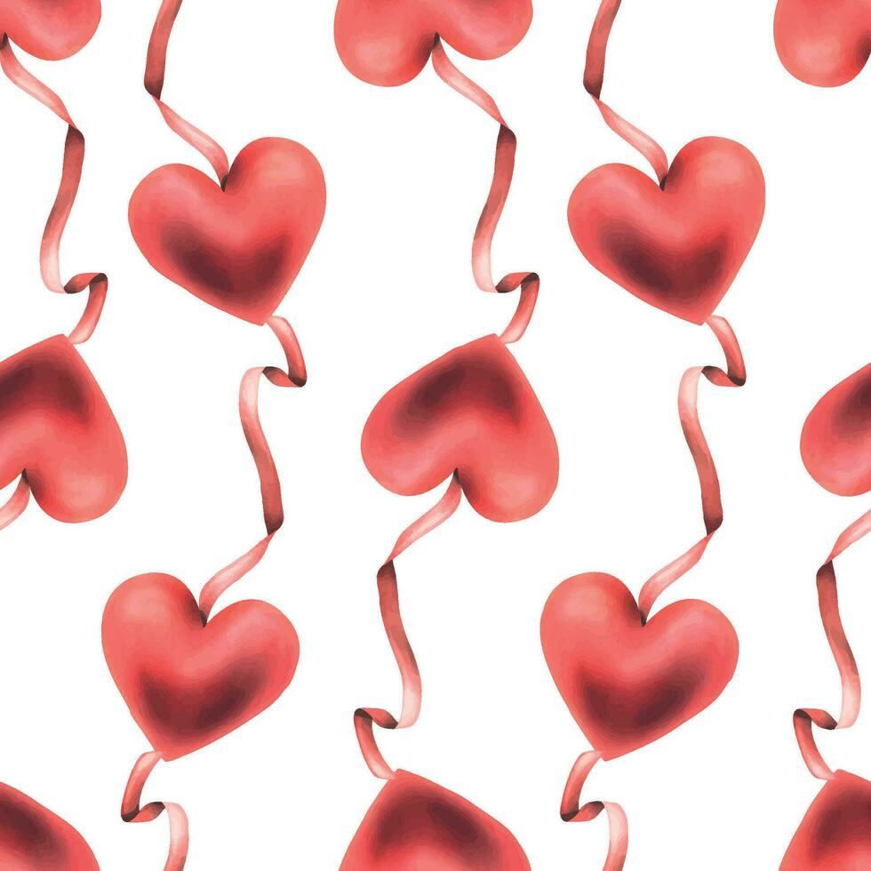 Red volumetric heart like that with red ribbons. Hand drawn watercolor illustration for weddings, Valentine s day, romance, posters, decorations. Seamless pattern on a white background Vector EPS